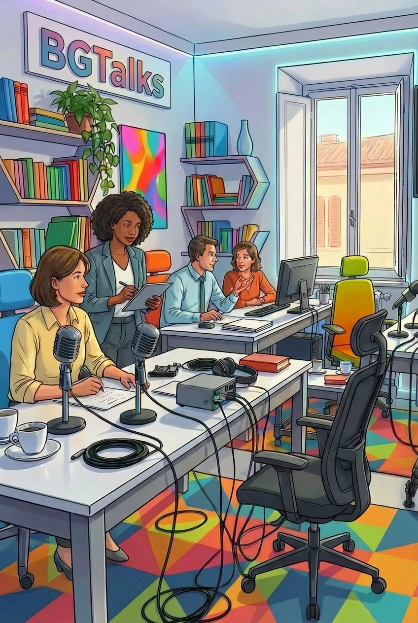 Studio with sign reading PICCOLA REDAZIONE "IL BORGO" - FM 98.5 / TV LOCALE and people recording.