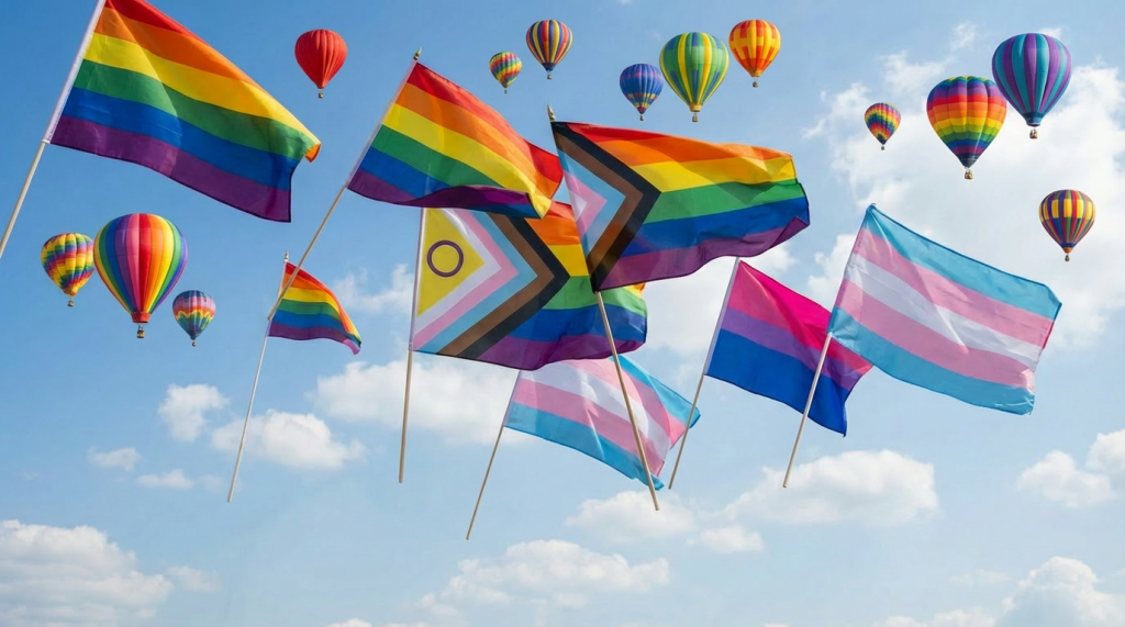 Diverse individuals celebrate by waving multiple LGBTQ+ flags during a sunny outdoor event.