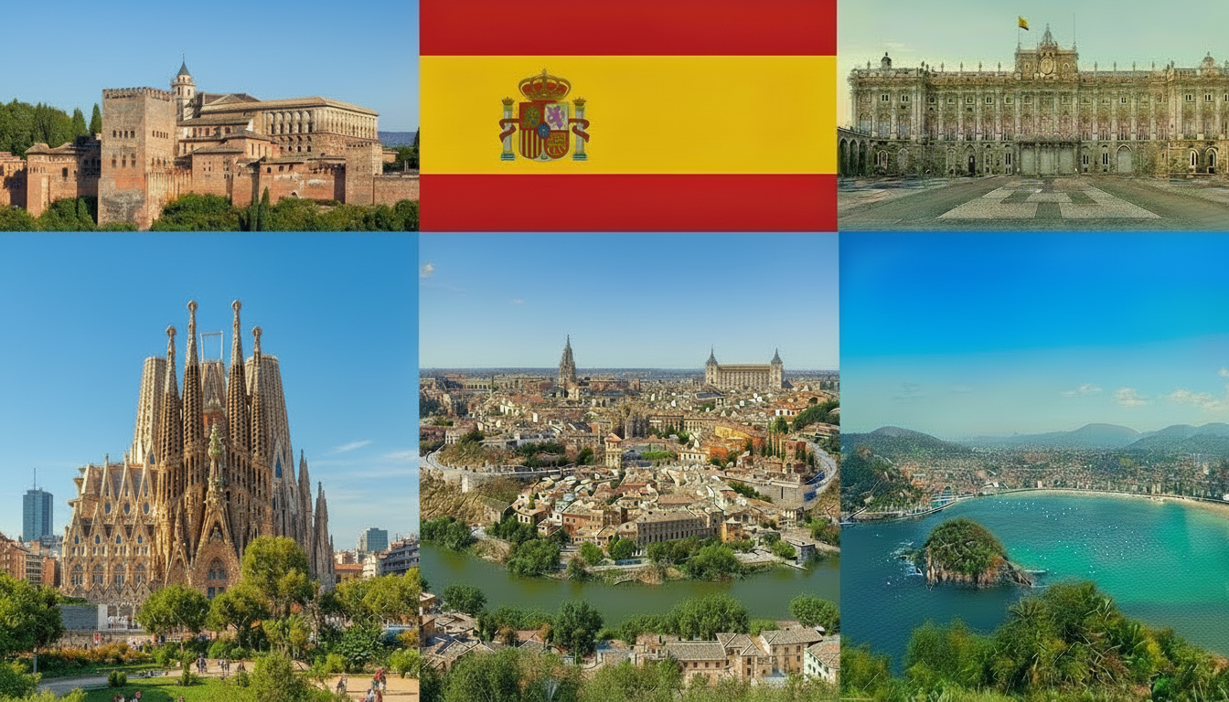 Collage of Spanish landmark photos including Alhambra, Park Güell, Guggenheim Museum, and Flamenco dancers.