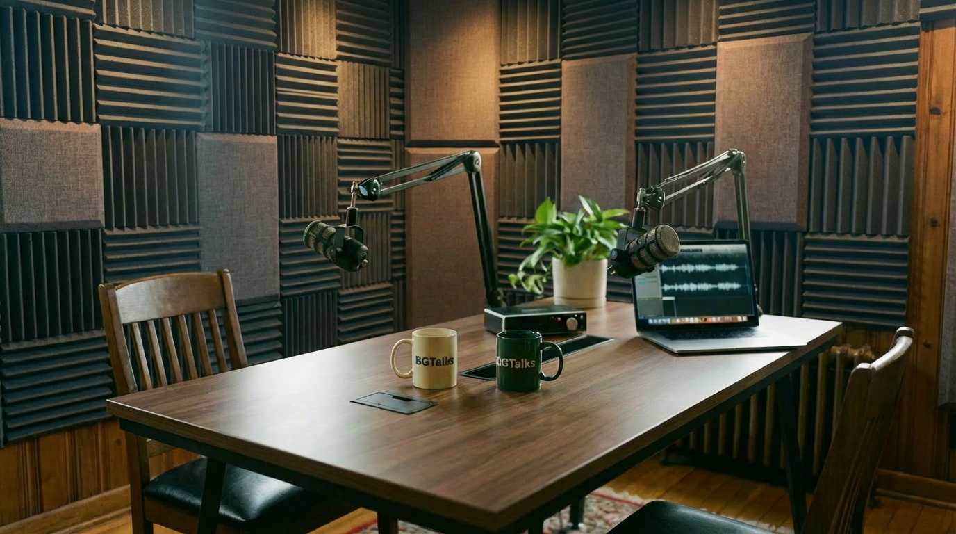 Professional podcast setup with microphones and BGTalks mugs on a wooden table.
