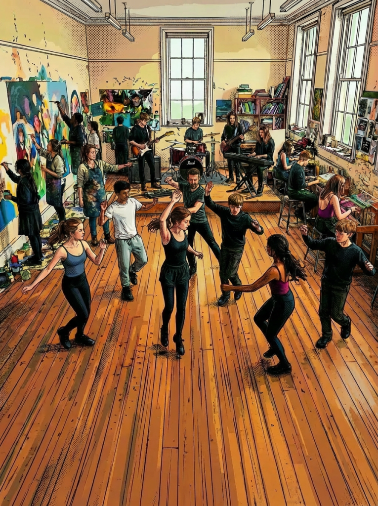 Uniformed students participating in various art activities in a large, well-lit classroom studio.