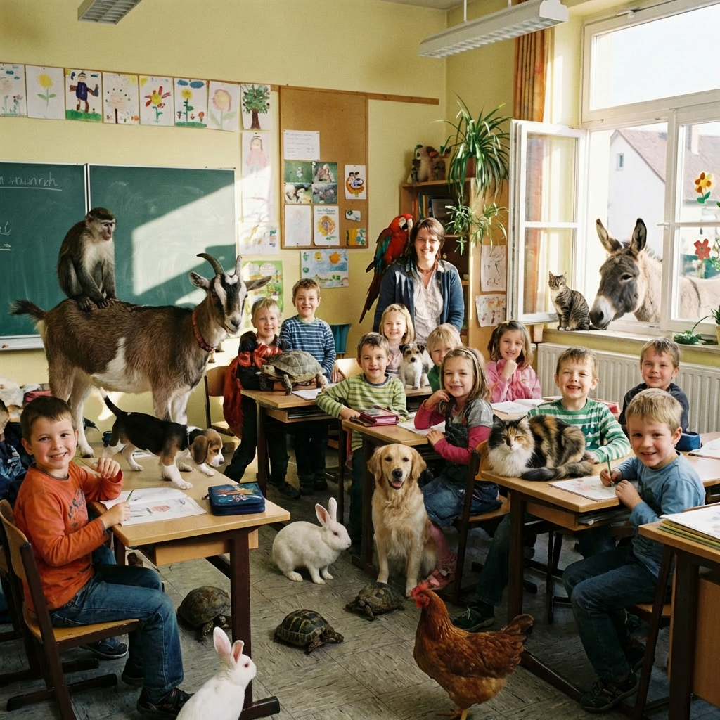 Schoolchildren in a classroom smiling alongside various animals including a goat, monkey, and donkey.